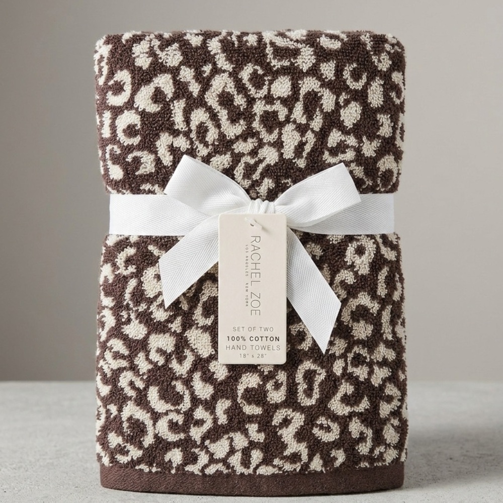Rachel Zoe Set of 2 Dark Brown & Ivory Leopard Print Hand Towels NWT Reversible